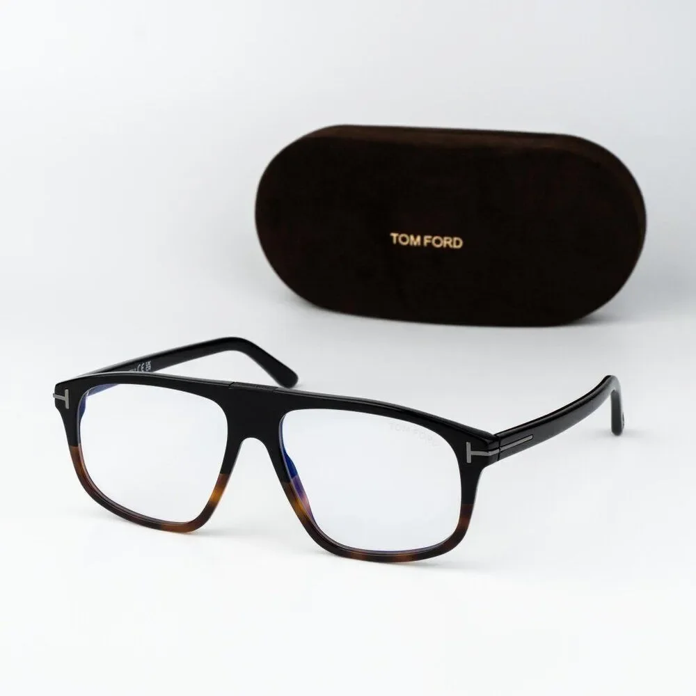 Tom Ford Women Eyeglasses Black Havana Blue Light Block Aviator FT5901-B-N 056